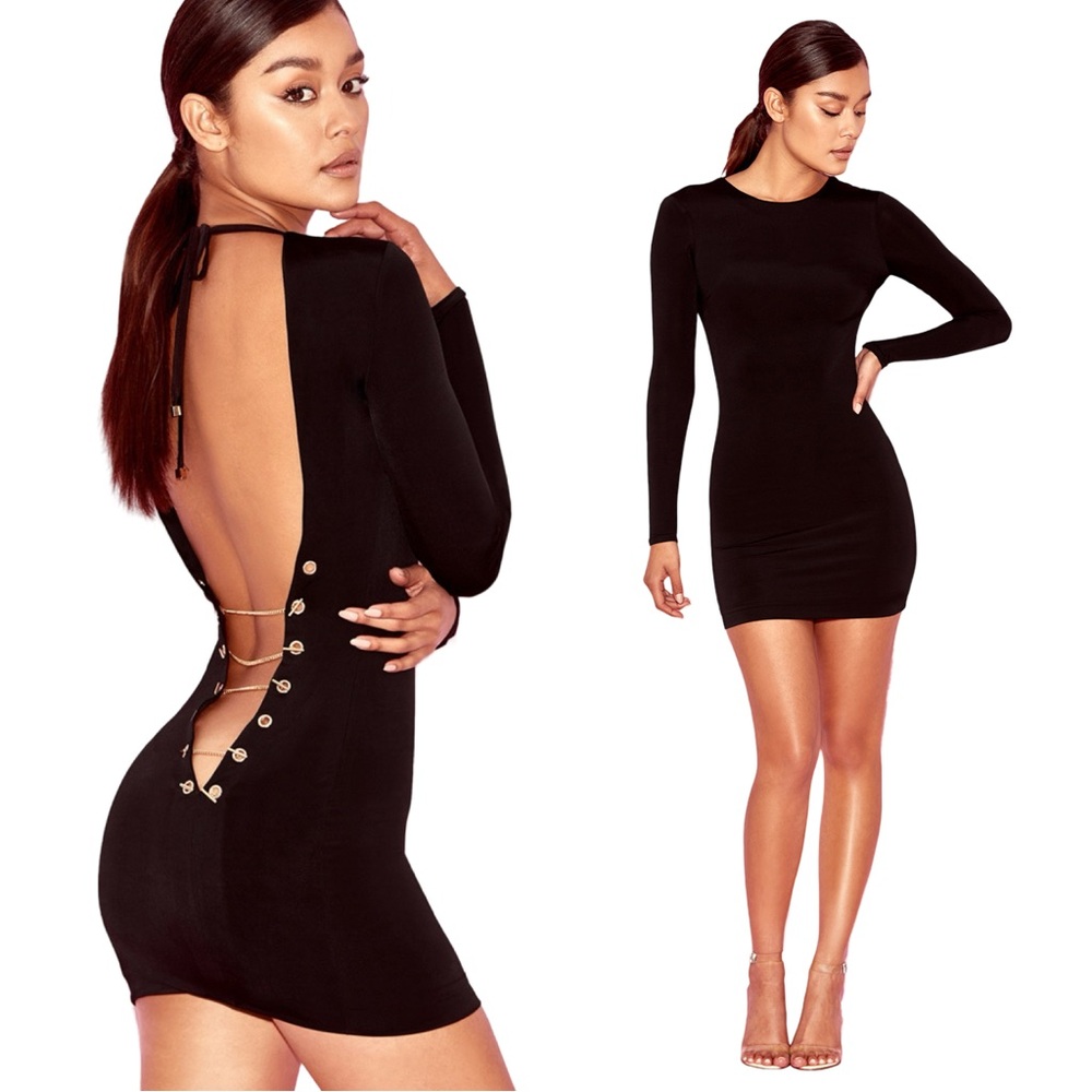 $165 HOUSE OF CB “Kyra” Black Jersey Dress with Gold Chain Sz S